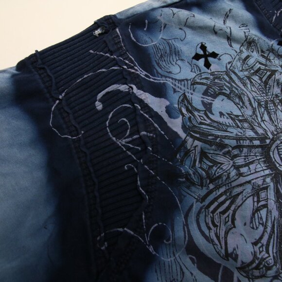 Affliction T-Shirt XL Blue Dye V Neck Ribbed Felt Detail Cross Cyber Goth Grunge - Picture 8 of 16